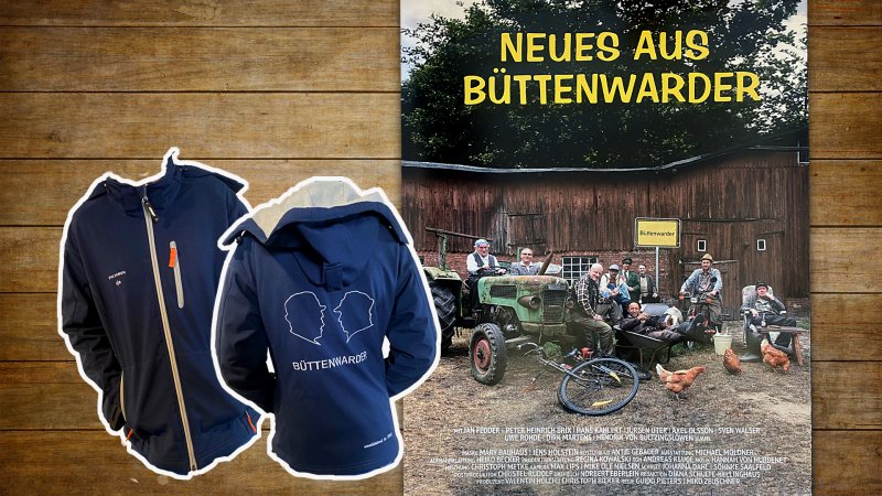 Vorder- und Rückansicht einer Büttenwarder-Jacke sowie ein Poster auf einer Holzplatte.