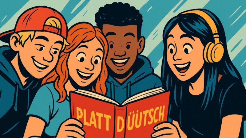 Vier Jugendliche schauen in ein Buch, auf dem "Plattdüütsch" steht.