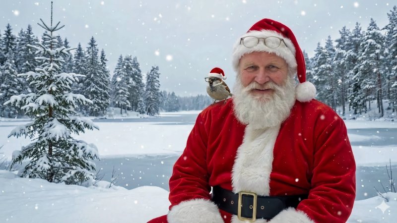 Weihnachtsmann Lornz Lorenzen mit dem kleinen Platt-Spatz "LünKI" auf der Schulter in verschneiter Landschaft. (KI-generiert)