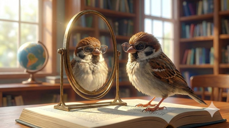 Forschungsprojekt LünKI: Ein kleiner Spatz mit Brille vor einem Spiegel. (KI-generiert)