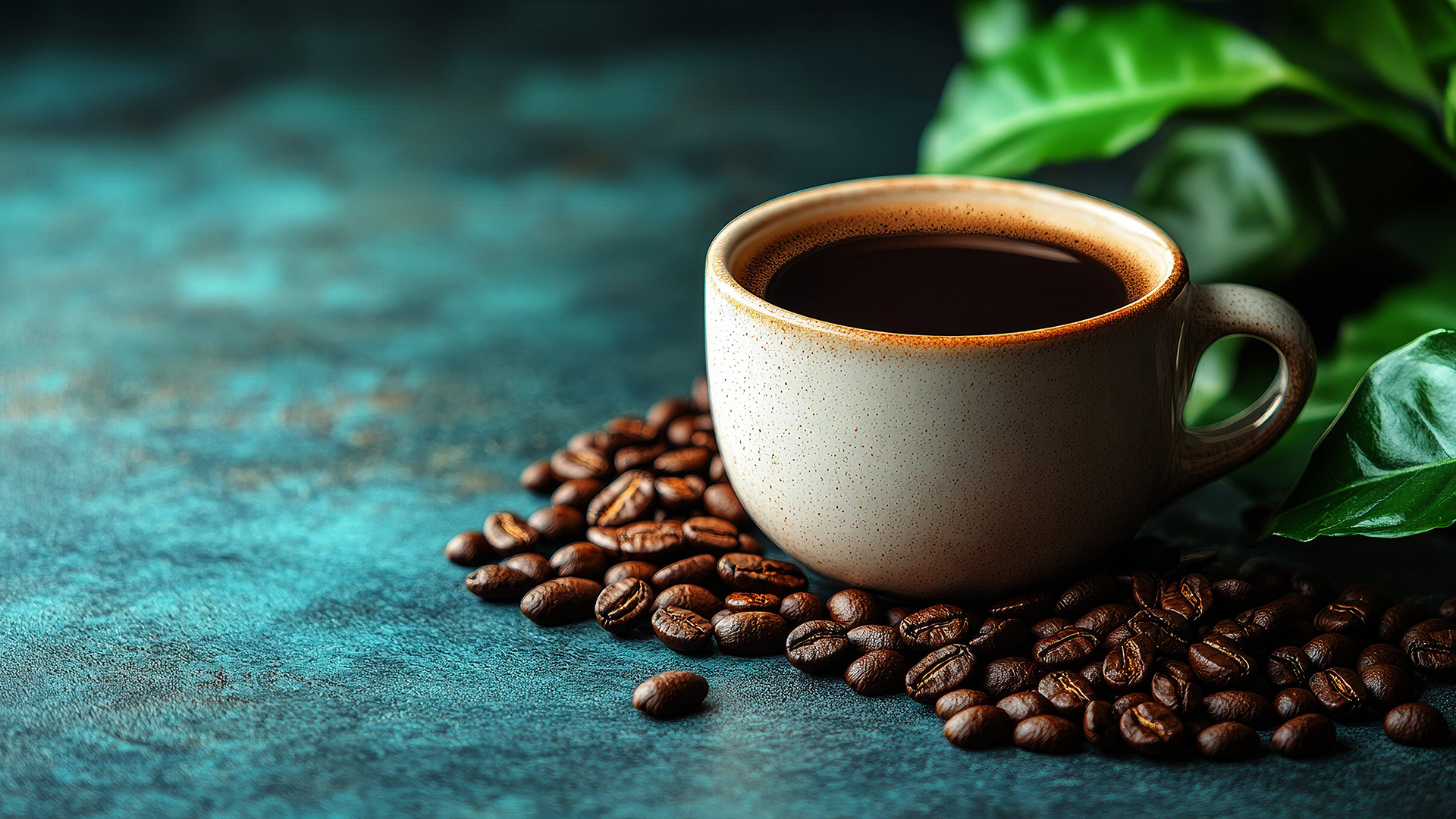 Eine Tasse mit Kaffee steht in Kaffeebohnen auf einem Tisch