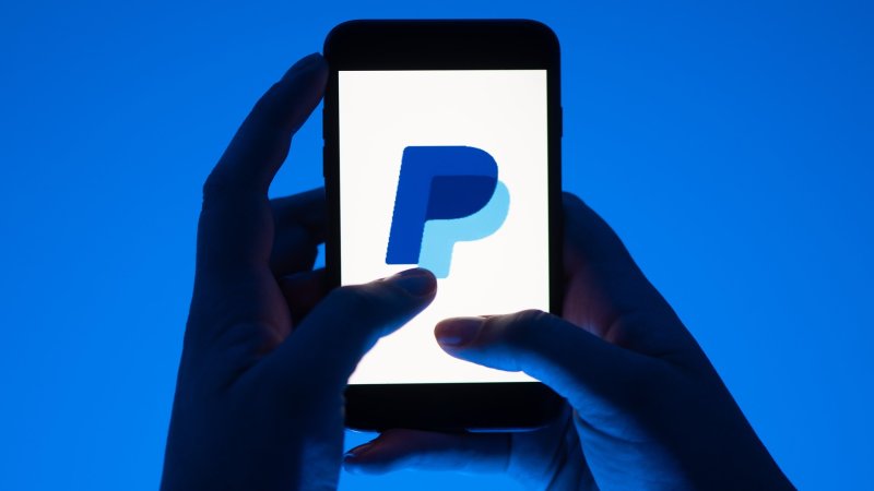 Eine Hand hält ein Smartphone mit dem Logo des Bezahldienstes Paypal.