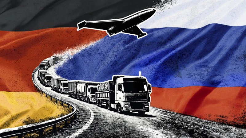 Illustration aus deutscher und russischer Fahne, LKW-Kolonne und einer Drohne.