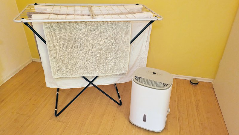 Vor einem Wäscheständer steht ein Entfeuchtungsgerät.
