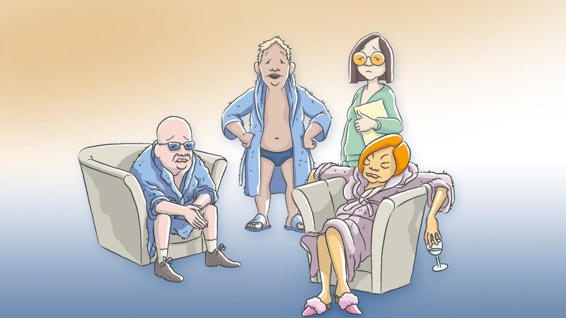 Illustration: Drei Personen in Bademänteln, eine Frau mit Unterlagen; daneben ruht eine Dame im Sessel mit Weinglas.